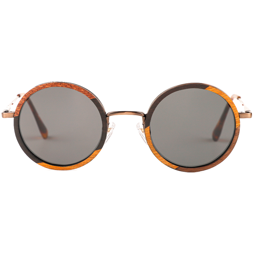 The Metal ROUND FLAT NOSE Layered EBONY-WALNUT Wood Sunglasses