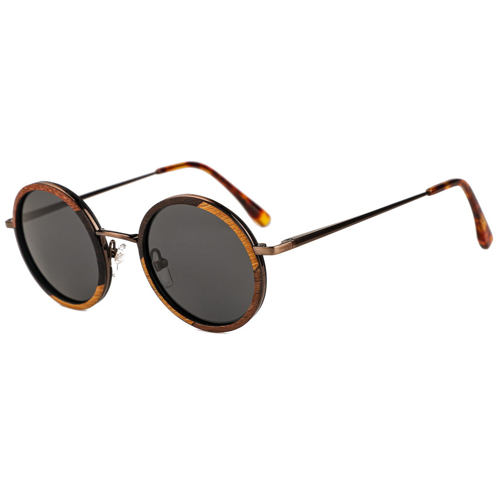 The Metal ROUND FLAT NOSE Layered EBONY-WALNUT Wood Sunglasses