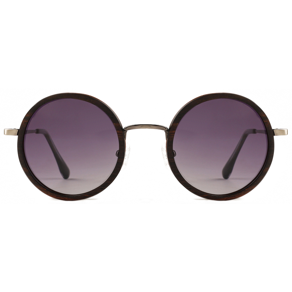 The Metal ROUND FLAT NOSE EBONY Wood PURPLE Lens Sunglasses