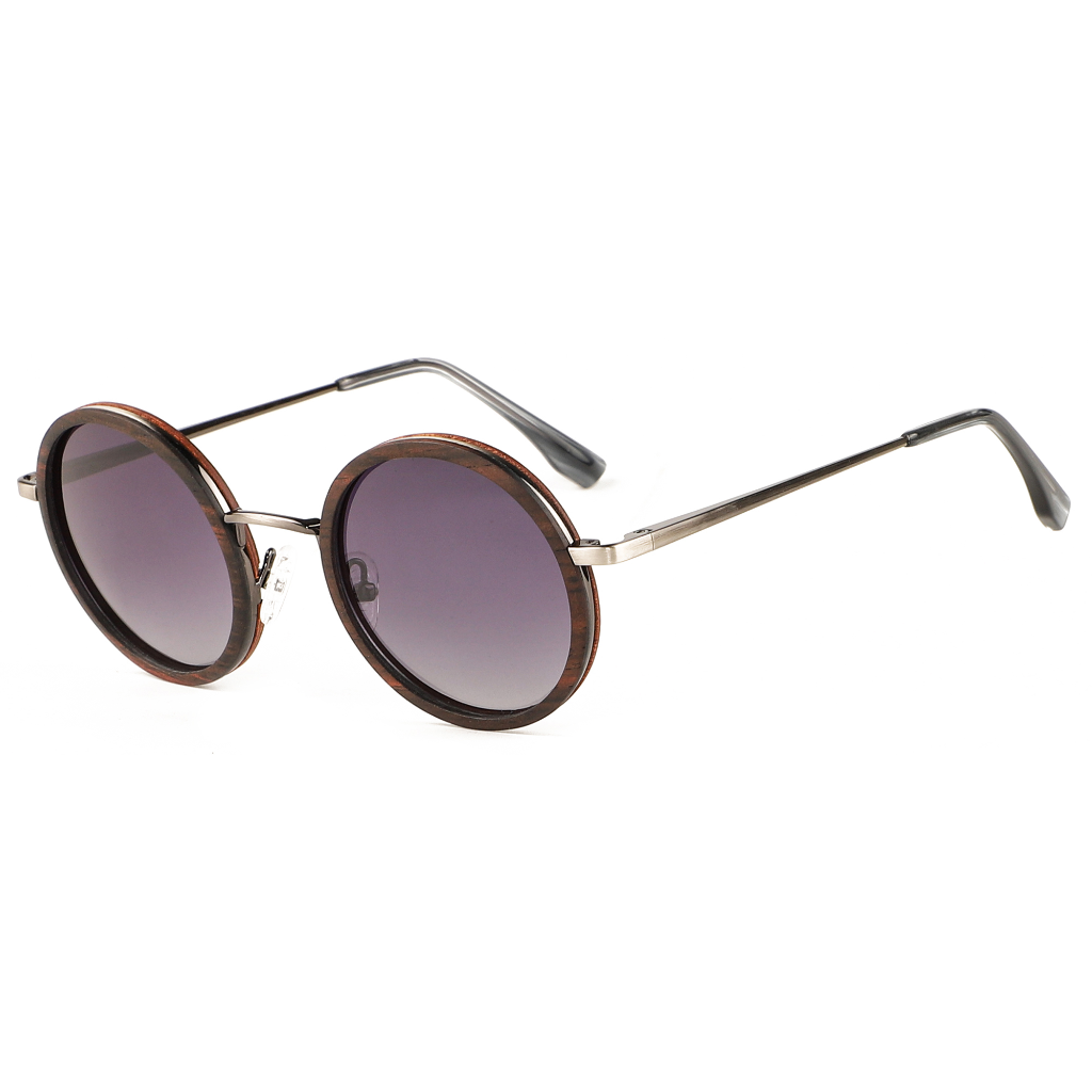 The Metal ROUND FLAT NOSE EBONY Wood PURPLE Lens Sunglasses