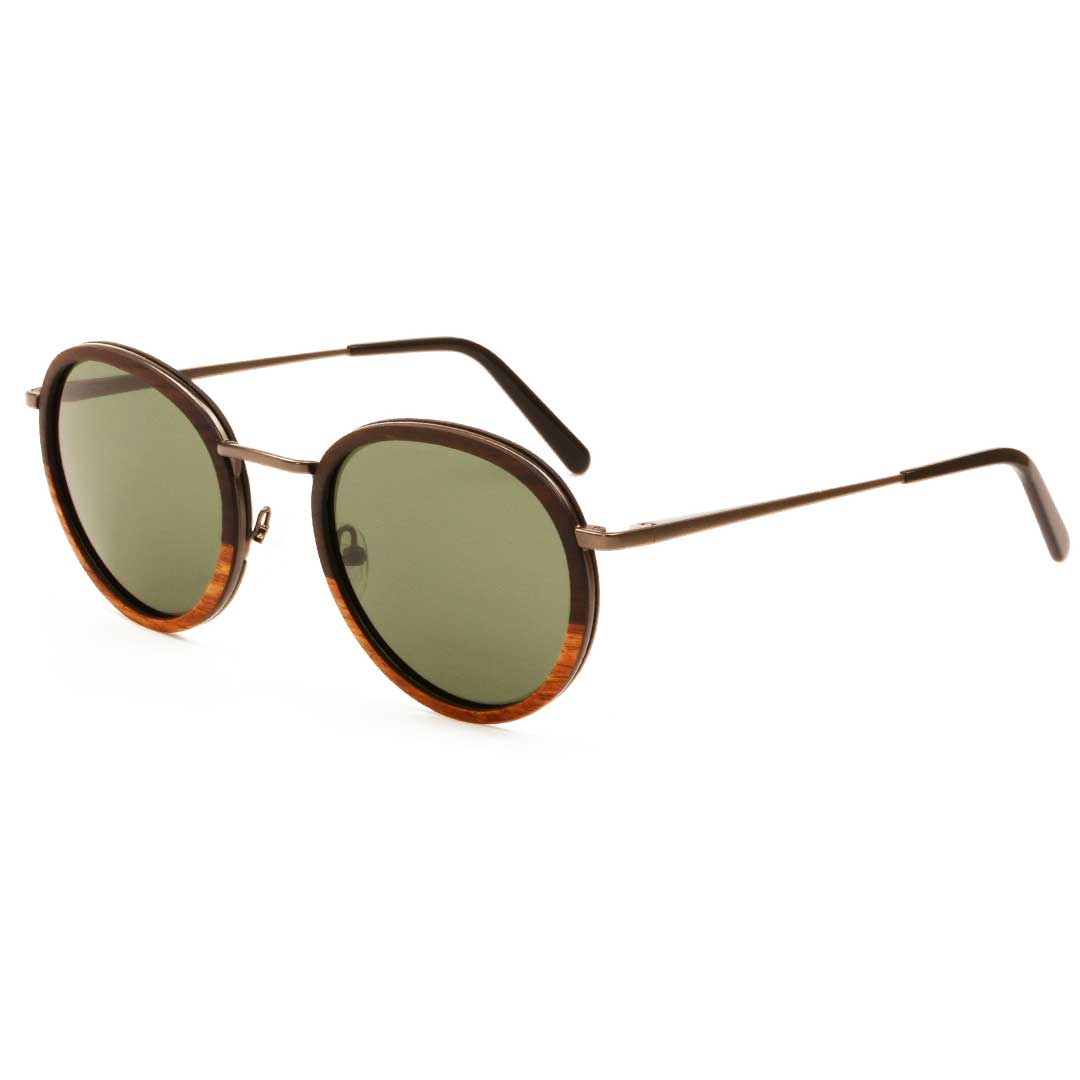 The Metal ROUND EBONY-KOSSO Green Lense Wood Sunglasses