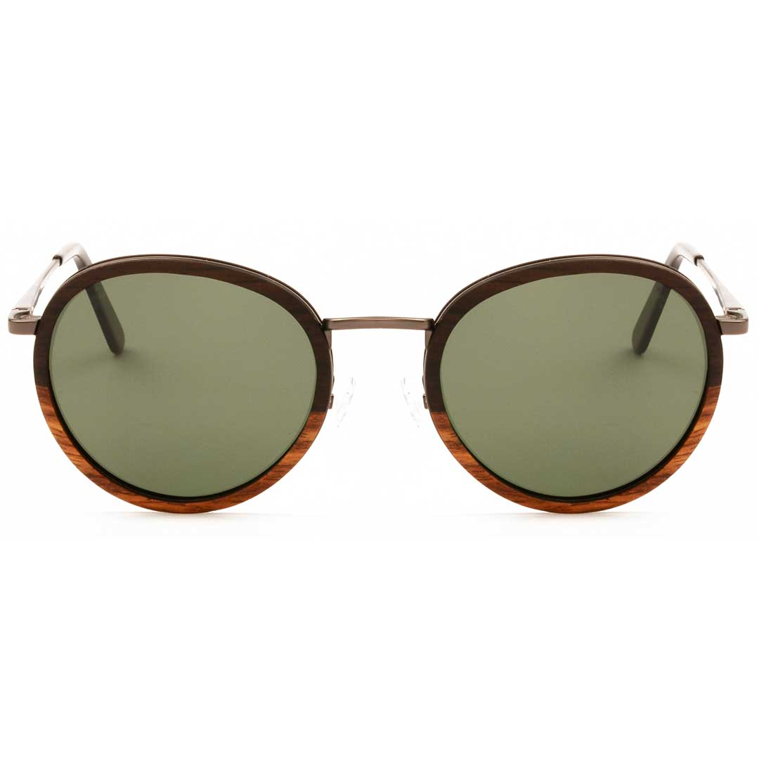 The Metal ROUND EBONY-KOSSO Green Lense Wood Sunglasses