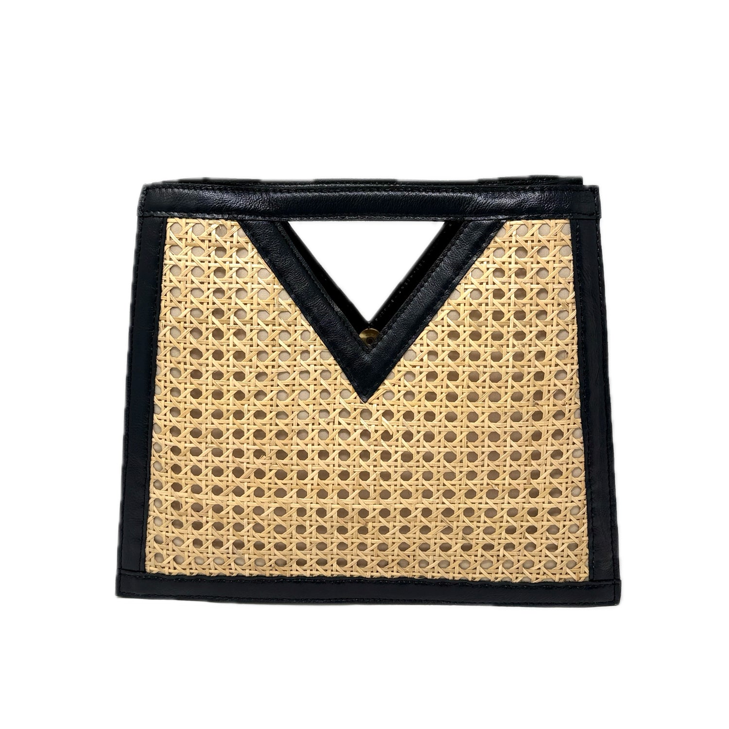 V Cane Webbing & Black Leather Handmade Bali Handbag