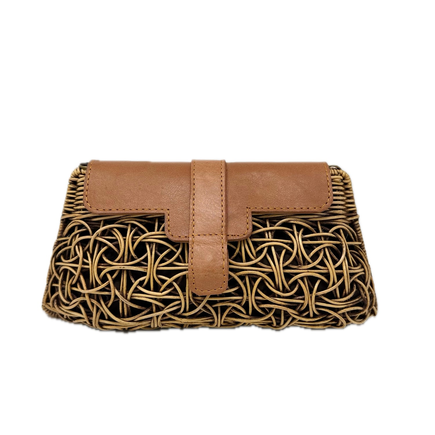 Bali Envelope Circles Rattan Wide Purse with Over Tan Leather Closure