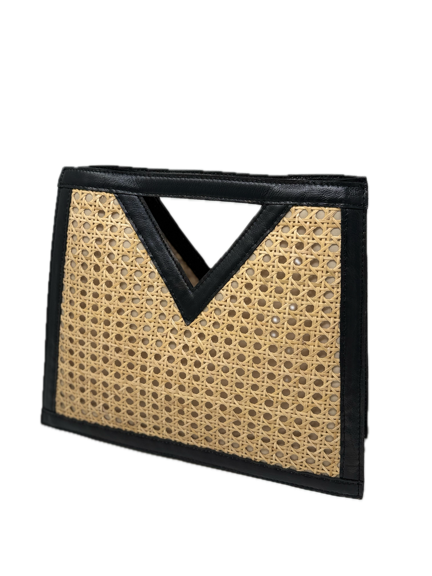 V Cane Webbing & Black Leather Handmade Bali Handbag