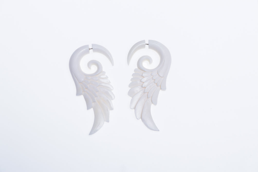 Bone Carved Winged Split Fake Plug Earrings