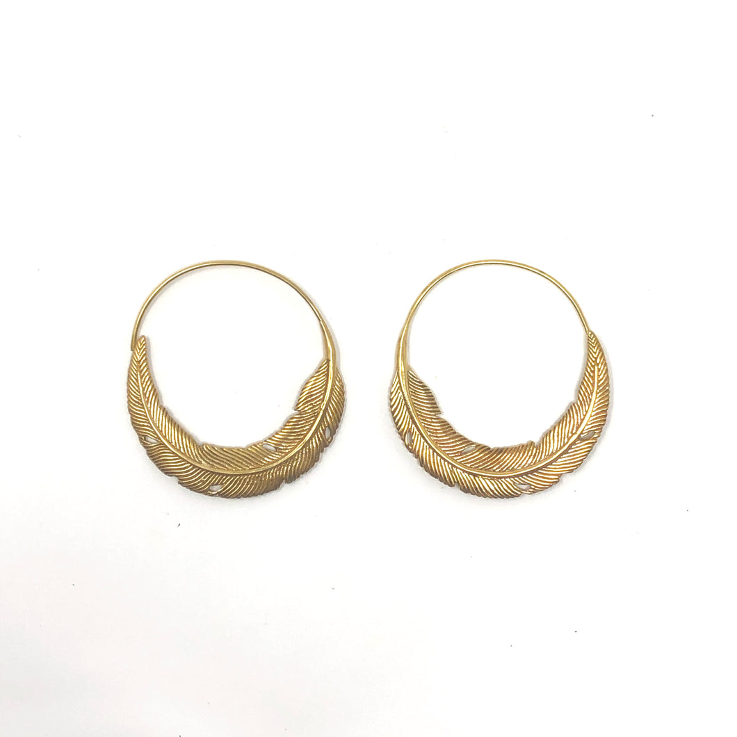 Bali Brass Handmade Feather Hoop Earrings