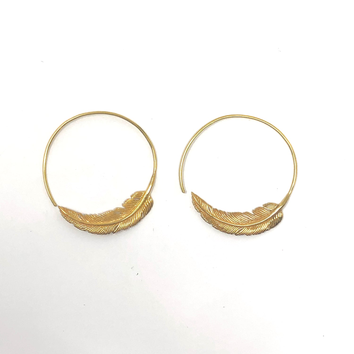 Bali Brass Handmade Short Feather Hoop Earrings