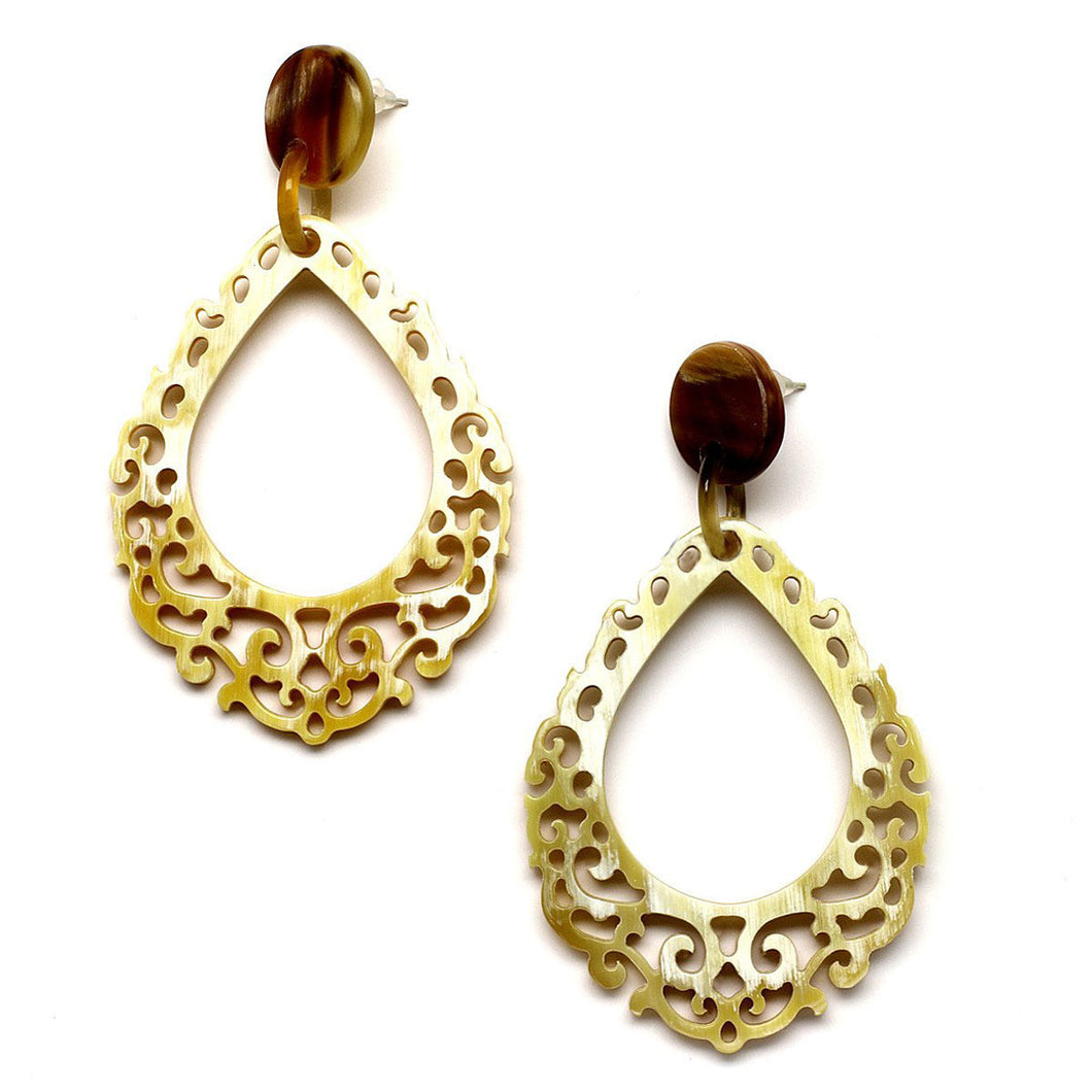 Lightweight Polished Horn Large Teardrop Shape with Carved Design Earrings | Pantallas