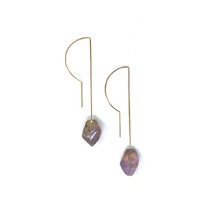 Minimalist Brass Long Ear Wire Earrings with Ametriney by Nelson Enrique