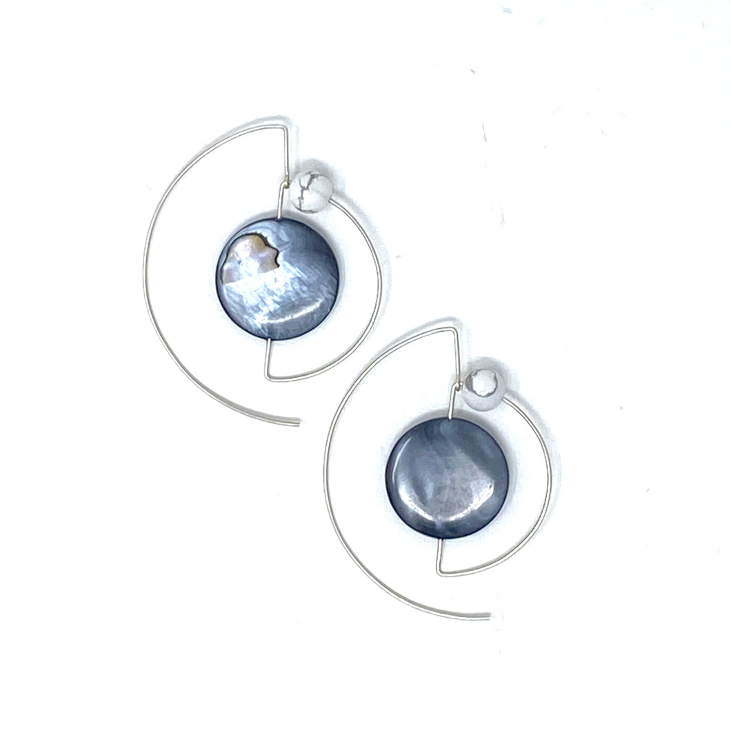 Minimalist 925 Silver Half-moon Earrings with Dark Mother of Pearl & Howlite by Nelson Enrique