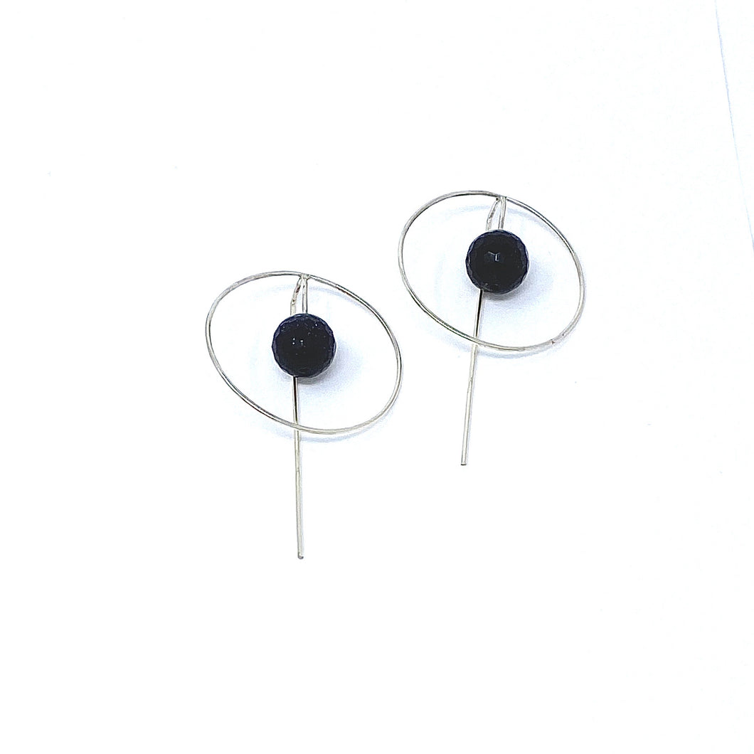 Minimalist 925 Silver Circle Front Ear Wire Earrings with Blue Sunstone by Nelson Enrique